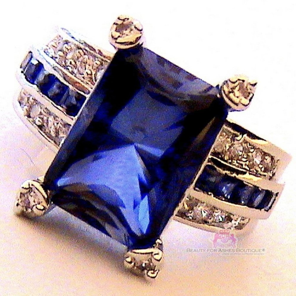 8.47ct. Rectangle Cocktail Sapphire Dark Blue Clear Tabernacle Cz Ring Size 9